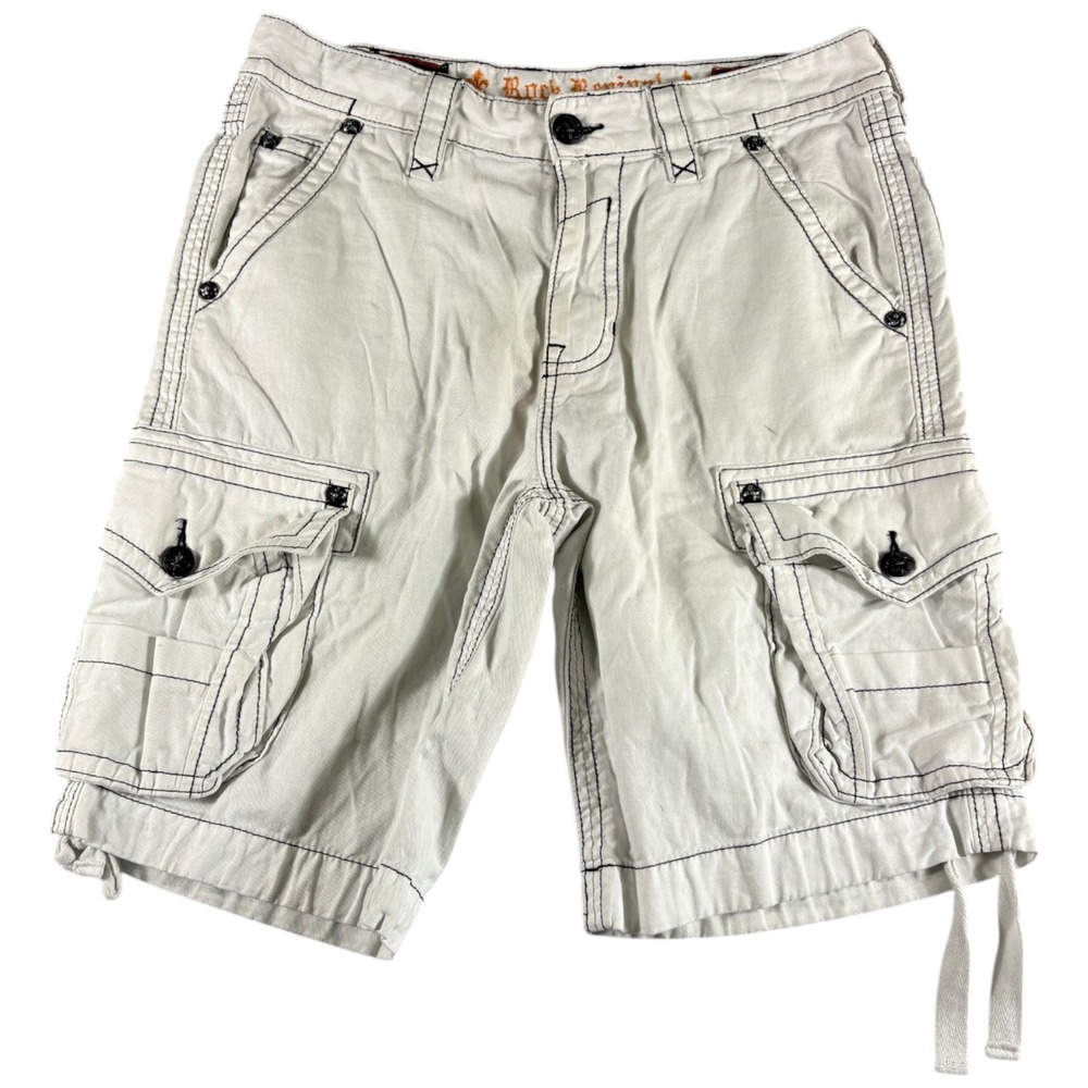 Rock Revival Cargo Shorts Mens 34 White Black Stitch Y2K Long Denim Grunge